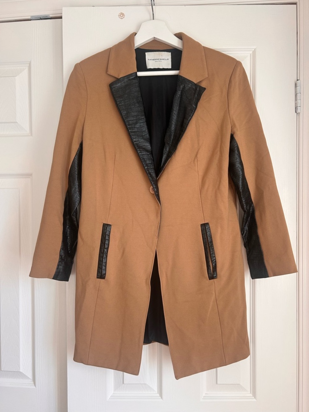 Longline Leather-Trim Camel Blazer